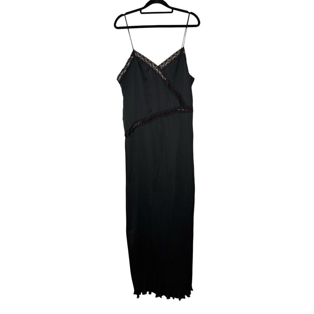 Vintage 50's Odette Barsa Black Satin Lace Trim Lingerie Pleated Slip Dress M